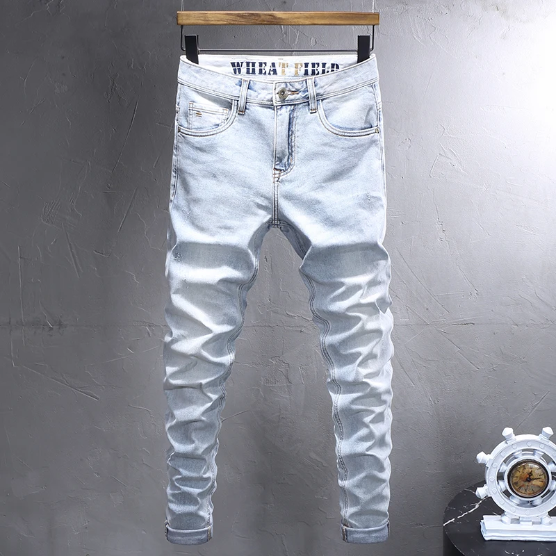 Fashion Vintage Men Jeans Retro Light Blue Elastic Stretch Slim Fit Casual Designer Jeans Men Korean Style Simple Denim Pants