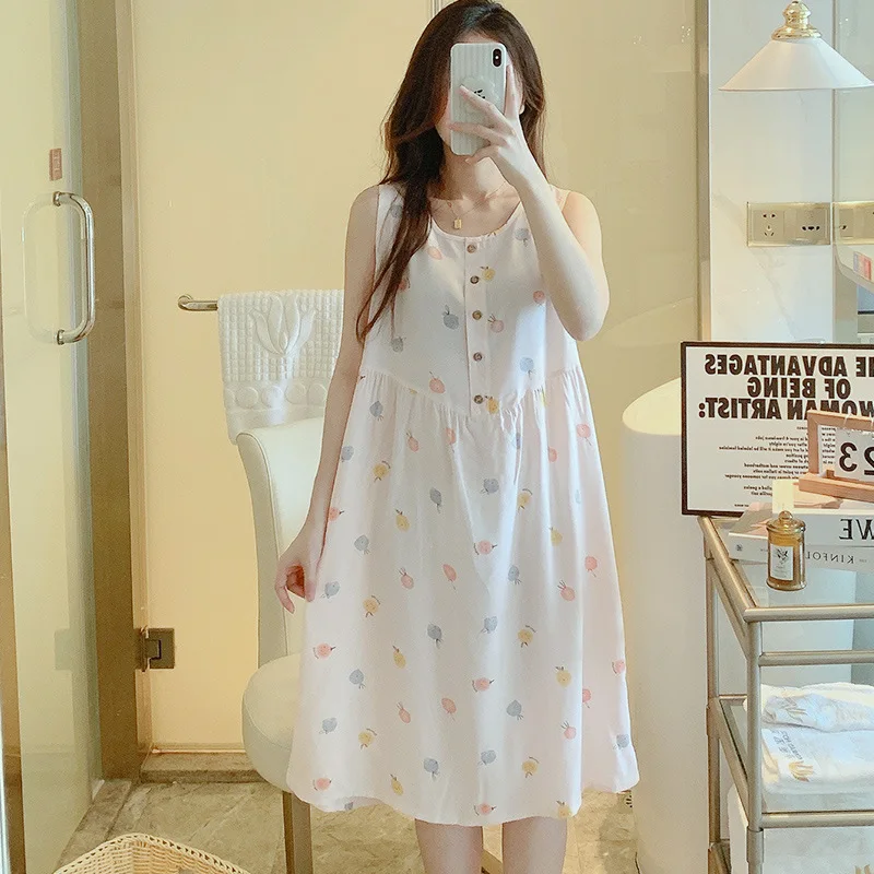 Summer Women's Tank Top Button Sleeping Dresses Thin Sleeveless Spaghetti Straps Floral Print Sleepwear Length To The Shank