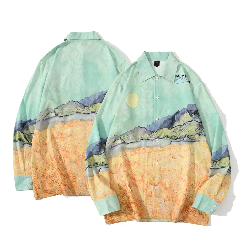 

2022 Landscape Print Shirt Long Sleeve Mens Hawaiian Beach Shirts Streetwear Harajuku Fashion Button Blouse Holiday Tops Male