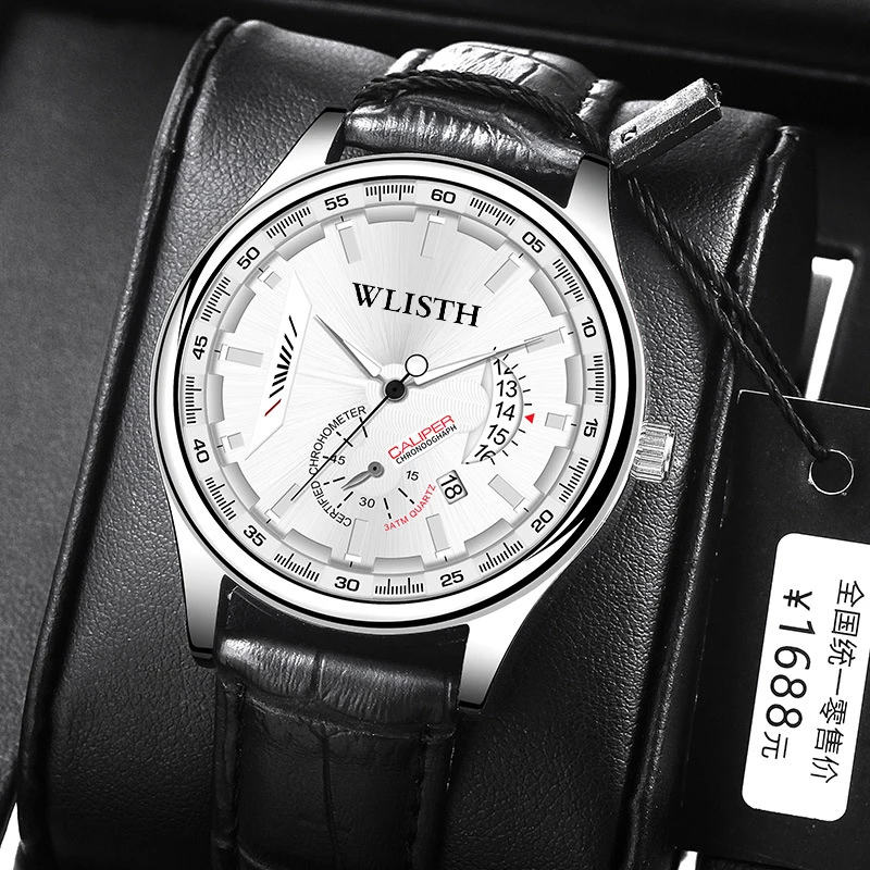 

Business Quartz Watch for Man Unique Automatic Date Dial Design Luminous Pointer Leather Strap Exam Chronograph Man's Clock Gift