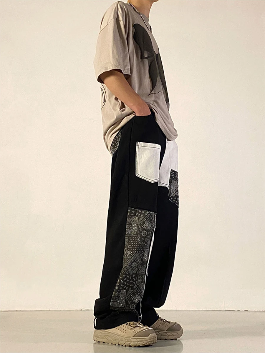 Four Seasons Men's Jeans Fashion Streetwear Stitching Straight Jeans Trend Design Color Matching Casual Trousers Ins Hot Sale