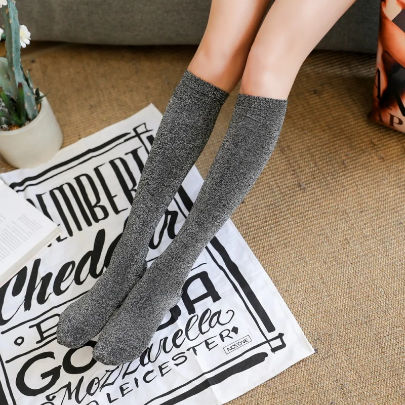 2018 Spring and Summer New Knee Length Socks Student Socks Silver Silk Women's Mid Tube Stockings over Knee Lace Calf Socks