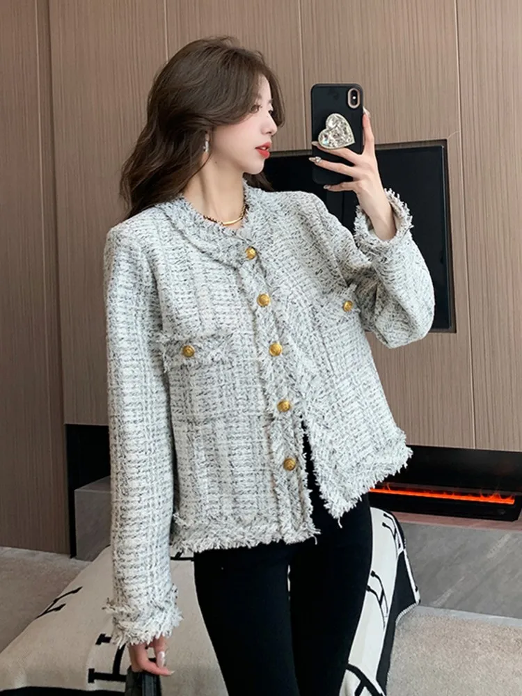 

2023 Autumn Winter Tassel Elegant Tweed Jacket Women Chic Woolen Coats Female Korean Fashion Outerwear