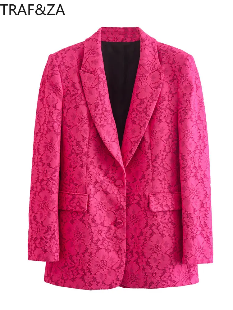 

TRAF&ZA 2022 Women Autumn Fashion Office Lady Style Lace Fabric Blazers Young Lapel Collar Long Sleeve Blazer Coat Chic Outcoat