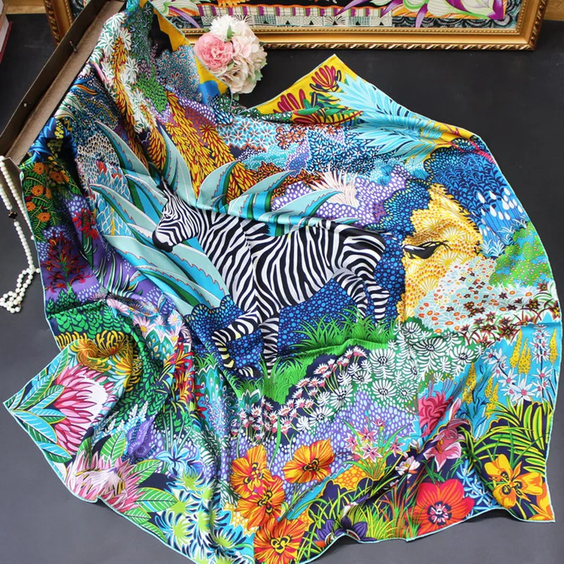 110cm Square Women Scarf Big Thin Scarves Shawl 100% Mulberry Silk Satin Luxury Female Hijab Bandana Jungle Zebra Green red - купить по