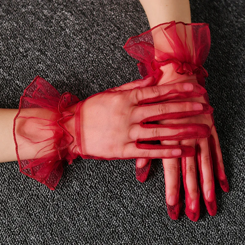 

Women Lace Short Full Finger Gloves Transparentes Mesh Tulle Gloves Ultra Thin Stretchy Lotus Leaf Sheers Gloves Bride Mitten