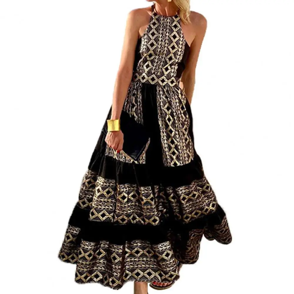 

Женское платье с геометрическим узором, сексуальное пляжное платье в богемном стиле с лямкой на шее и открытой спиной, женские богемные сек...