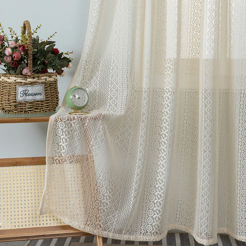 

American Style Geometry Crochet Knitted Sheer Curtain Beige Retro Hollow Lace Tulle Window Drapes For Living Room Bedroom Custom