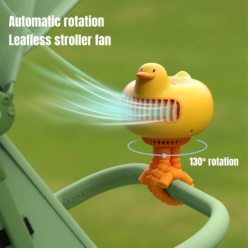 Yellow Duck Bladeless Baby Stroller Fan 130° Auto Rotation USB Charging 3600mAh Battery Operated Aromatherapy Air Cooling Fan