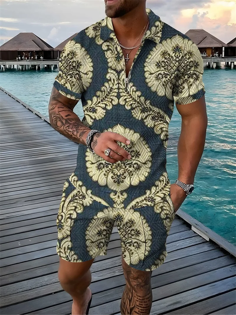 

2022 Fashion Men's 3D Zip-Up Polo Shirt and Shorts Set Casual Short Sleeve Thai Style Printing T-shirt Shirt Men's Casual Suit