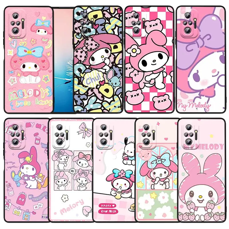 

Sanrio Melody Cartoon Cute Phone Case For Xiaomi Redmi Note 12 11E 11S 11 11T 10 10S 9 9T 9S 8 8T Pro Plus 5G Funda Black Cover