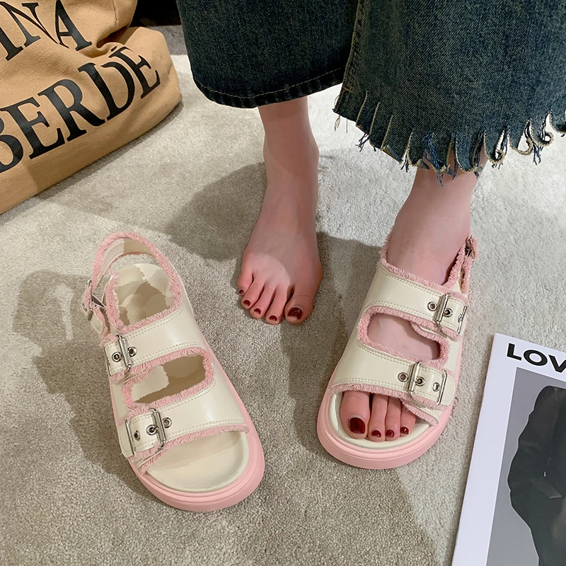 Genuine Leather Fashionable Raw Edge Buckle Sandals 2023 Summer New Thick Sole Leather Outwear Beach Shoes