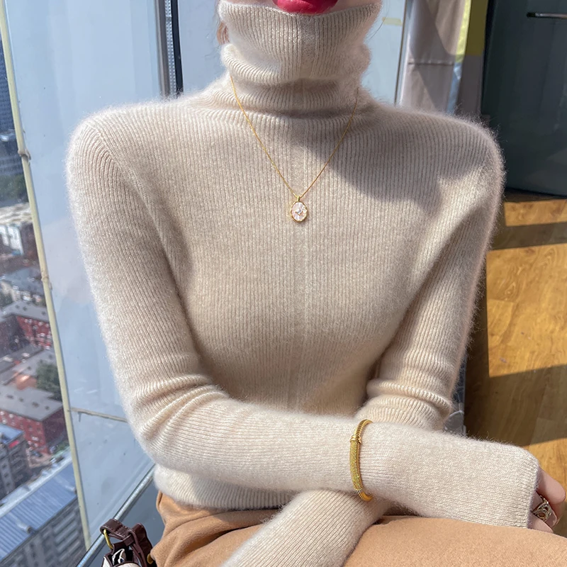 Новинка Осень-Зима Женский облегающий свитер с высоким воротом из 100% чистой