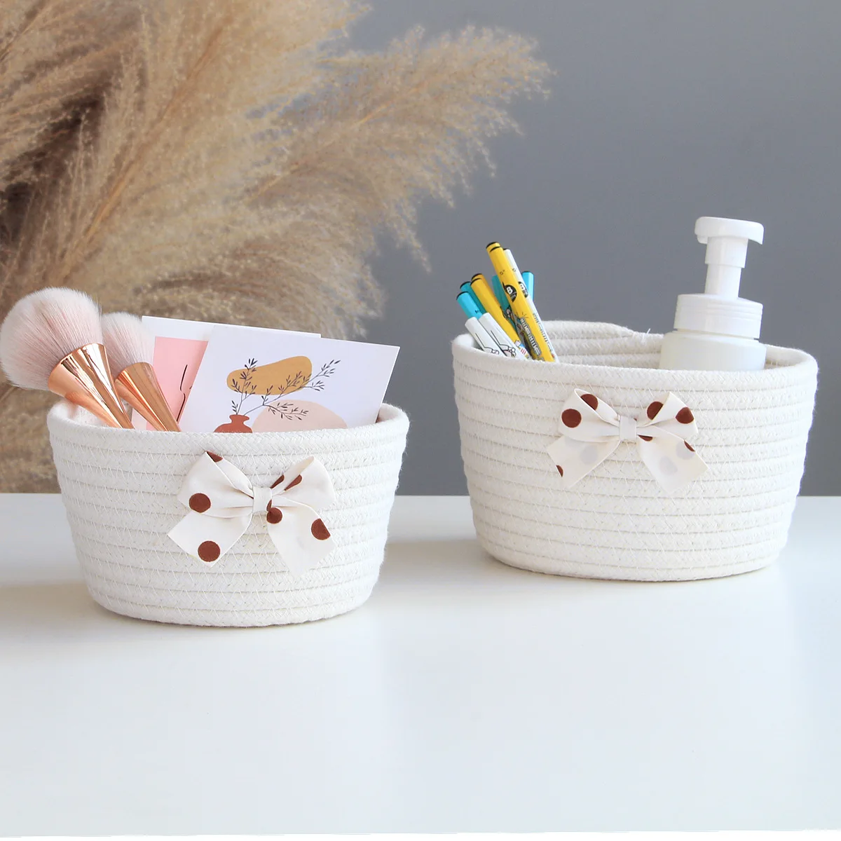 

Bowknot Cotton Rope Storage Basket Weaving Nordic Sundries Baby Toys Dirty Clothes Finishing Baskets Desktop Small Organizer Box