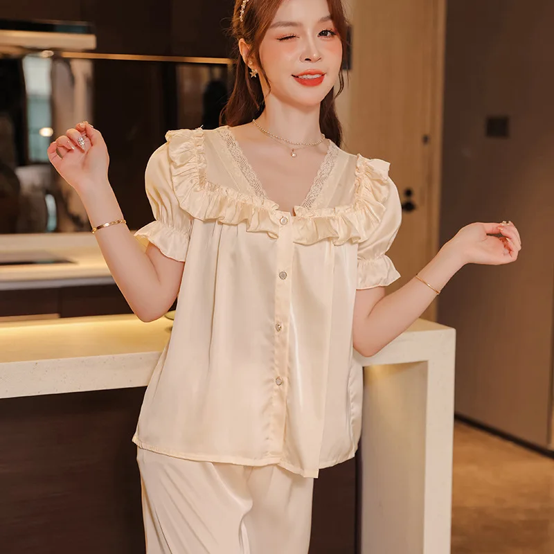 French Palace Princess Style Ice Silk Pajamas for Women Thin Cool Feeling Solid Color Sleepwear Set with V-neck Loose Loungewear