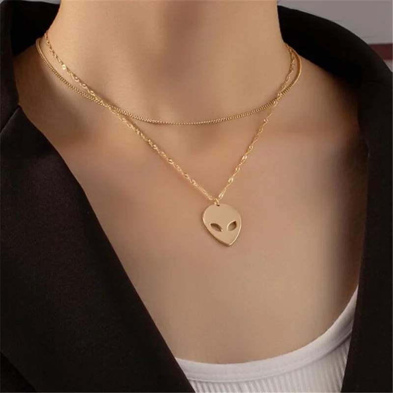 

New Double Layer Gold Color Chain Alien Necklace Fashion Hip Hop Pendant Necklace for Women Punk Jewelry