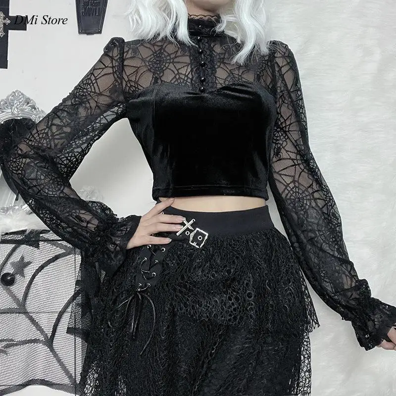 

Women Backless Sexy Strap Tanks Long sleeve Velvet Y2K Mall Goth Crop Tops Black Lace Trim Emo Alternative Aesthetic Crop Tops