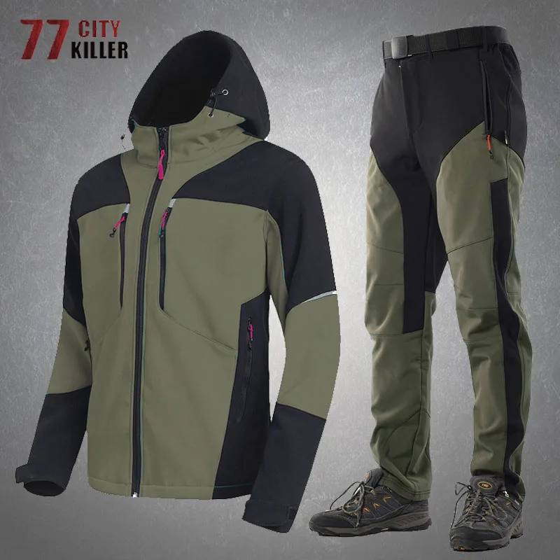Soft Shell Sports Sets Mens Winter Fleece Multiple Pockets Hooded Jackets Cargo Pants Outdoor Warm Waterproof Fishing Suits Male