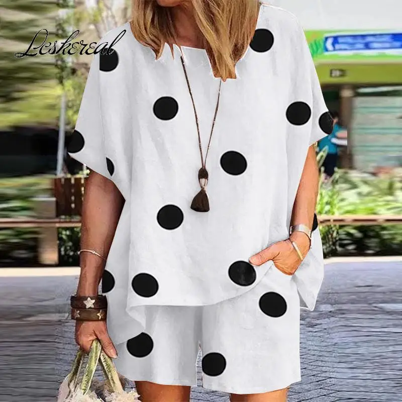 

Женский летний костюм-двойка в горошек, Свободный Повседневный Белый Топ с коротким рукавом и шорты, модель 5XL, 2023