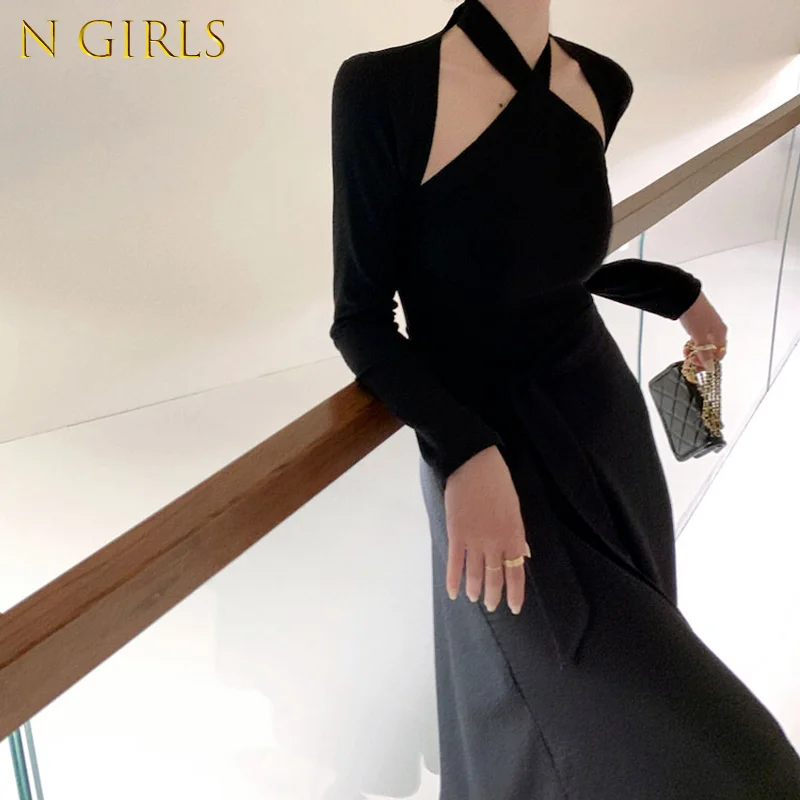 

M GIRLS Korejepo Women Knit Dress Autumn New French Sexy Elegant Halter Neck Black Female Long Sleeve Temperament Thin Suit