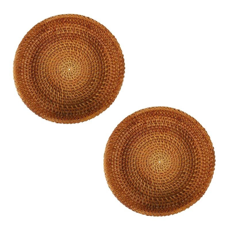 

2X Handmade Autumn Rattan Weaving Round Storage Basket Fruit Dish Rattan Bread Basket For Kitchen Food Picnic Bread