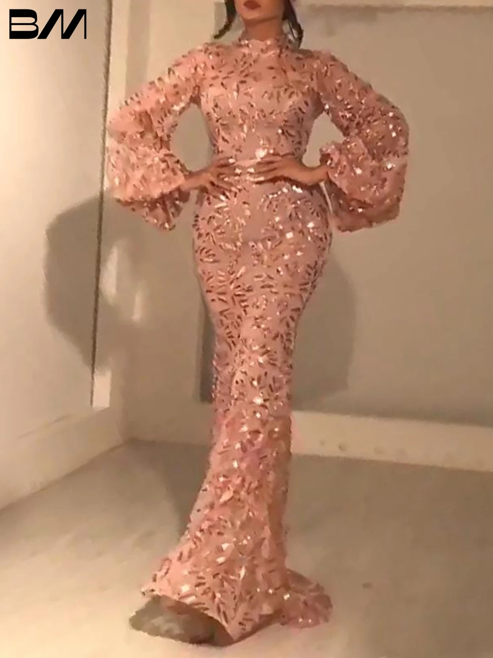 

Sparkly High Neck Evening Dresses Classic Long Sleeve Mermaid Bridal Gown Modern Floor-length Bride Dresses Vestidos De Novia