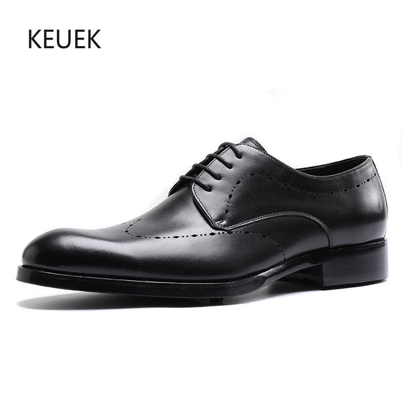 

New British Style Pointed Toe Brown Black Lace-Up Brogue Business Dress Derby Shoes Men Genuine Leather Wedding Moccasins 5A