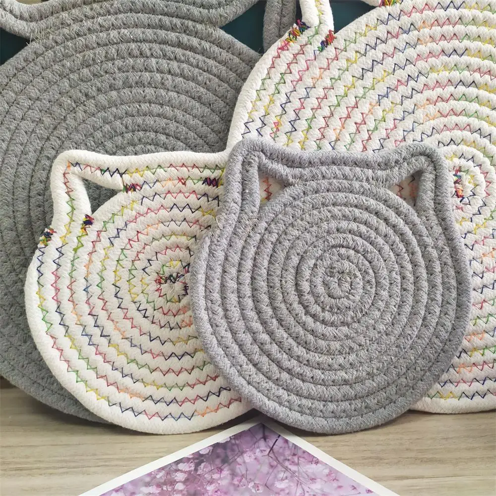 

Simple Hangable Cotton Rope Placemat Shooting Props Placemat Coaster Cat Ear Shape Heat Insulation Pad Potmat Kitchen Supplies