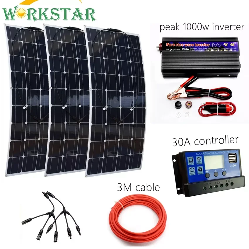 

2023NEW 300W Solar Power System Kit for Beginner Flexible Solar Panel 100w with 30A Controller 1KW Inverter RV/boat 12V Solar Ch