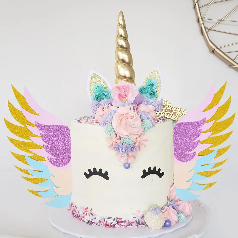 Топпер для торта в виде единорога с ресницами золотой гудок украшение ручной