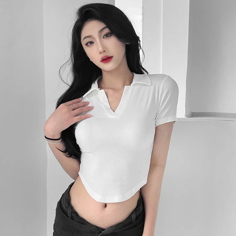 

t shirt women 2022 fashionLapel Casual Short Sleeve T-Shirt temperament age reducing Spice Girl slim revealing navel blouse