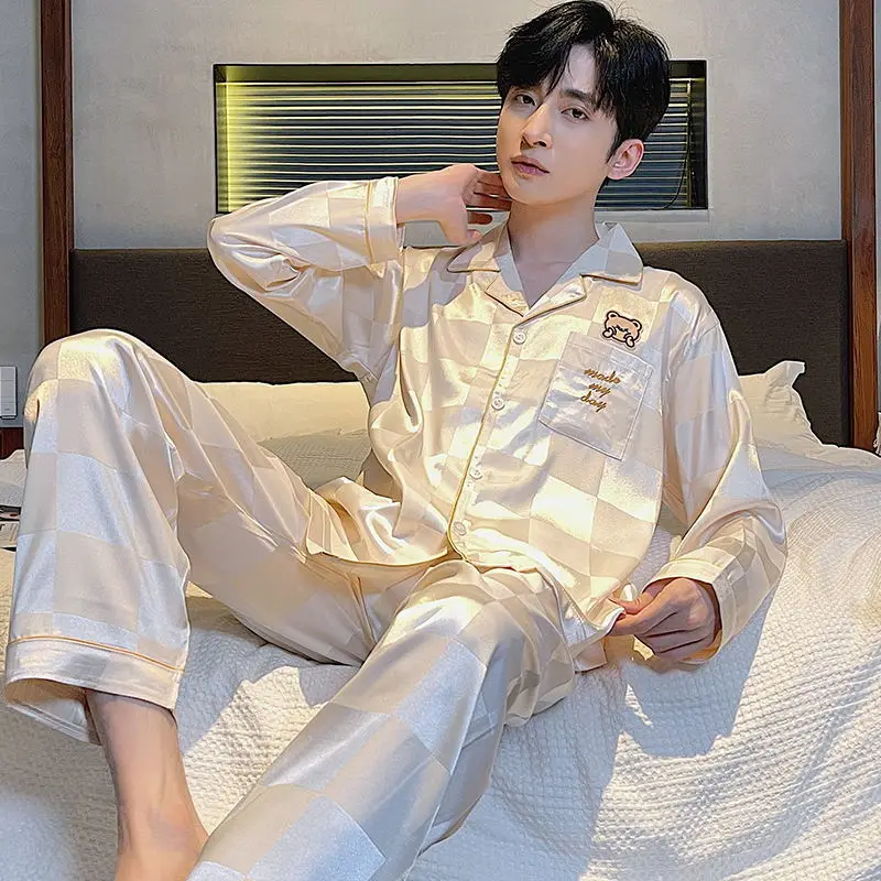 Ice silk pajamas men's new spring and autumn long-sleeved trousers men's thin loose large size youth home wear suit