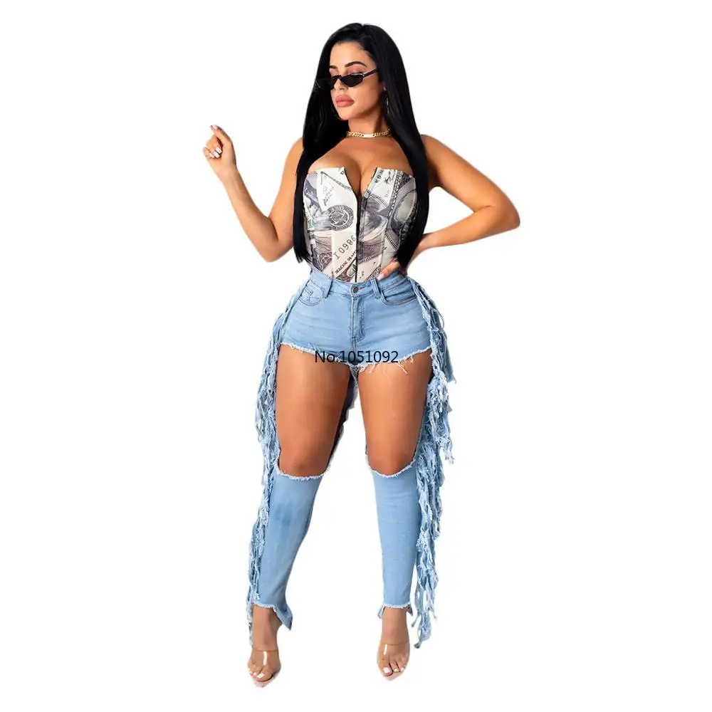 

Casual Side Tassel Ripped Hole Denim Trousers With Pockets Women Hot Sale Hollow Out Foot Cut Jeans Skinny Pants 2020