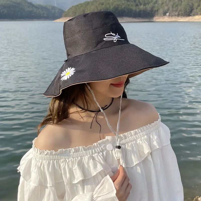 

Summer Double-Sided Sun Protection Sun-Shade Fisherman Hat Women's Brim Smiley Face Daisy Floppy Hat Fashion Korean Bucket Hat
