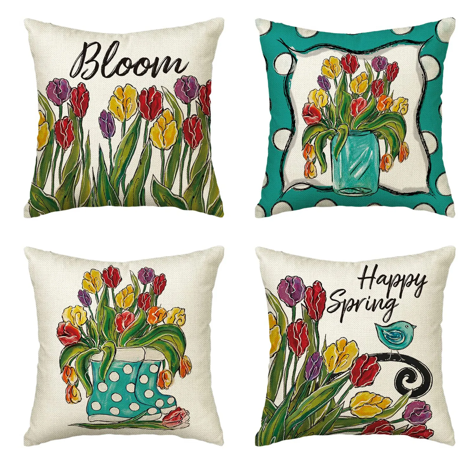 

45x45cm Square Linen Pillow Case Spring Farm Home Decoration Cushion Cover Pink Flower Printed Pillow Cover