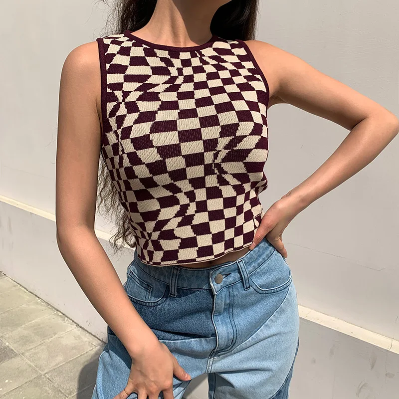 

Summer Fashion Plaid Contrast Color Slim Lattice Neck Wool Knit Vest Sleeveless Top Women