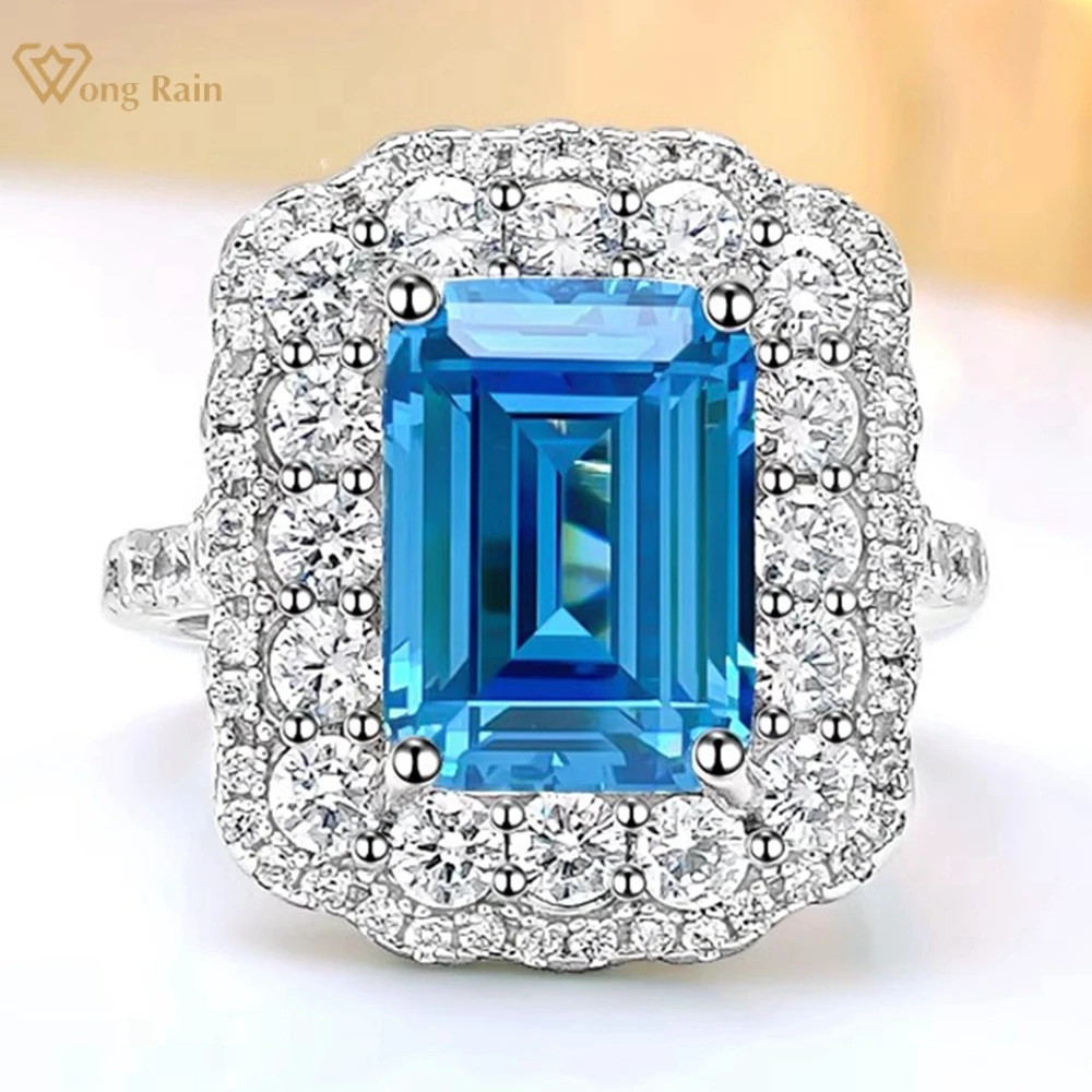 

Wong Rain 925 Sterling Silver Emerald Cut 4CT Aquamarine High Carbon Diamond Gemstone Cocktail Ring for Women Engagement Jewelry