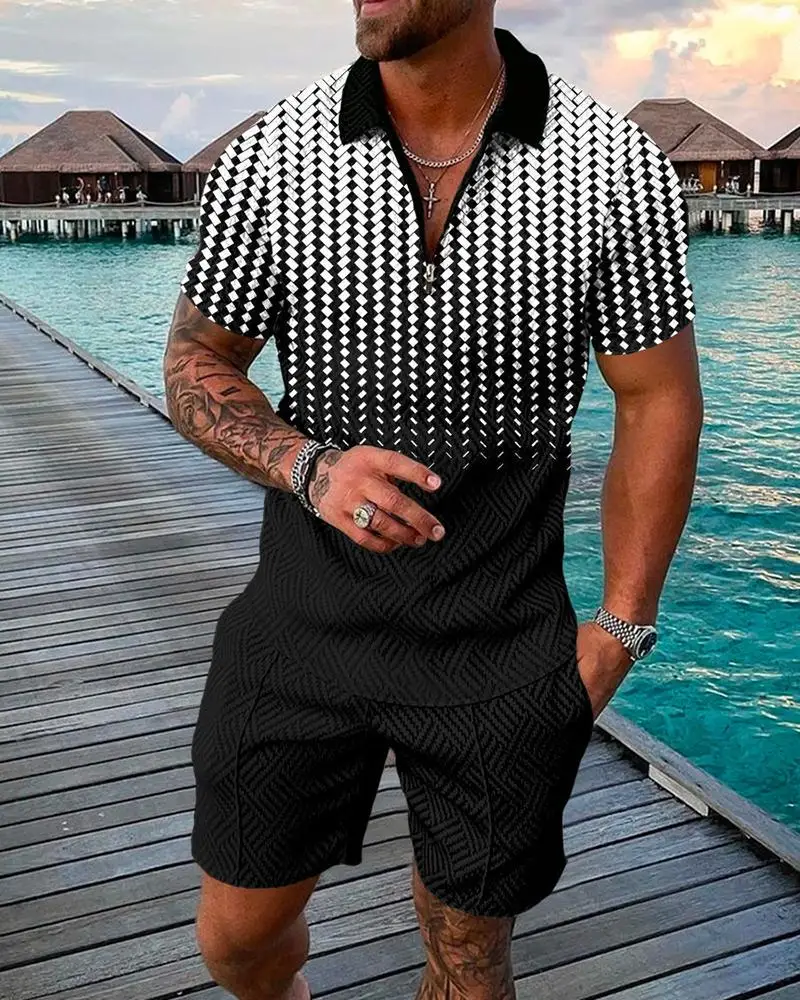 

Men's Tracksuit Ringer Lattice Polo Shirt Beach Short Sleeve Fashion Man Oversized Jogger Casual Set Summer Streetwear Suit
