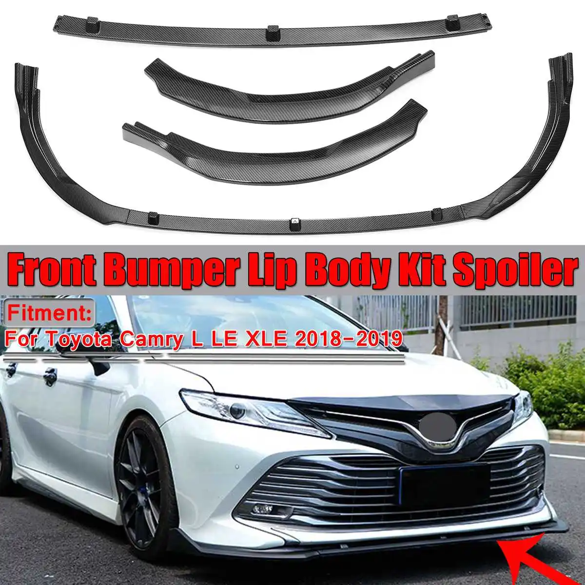 

New 3Pcs Car Front Bumper Lip Cover Trim Body Kit Spoiler Diffuser Splitter Guard For Toyota For Camry L LE XLE 2018 2019