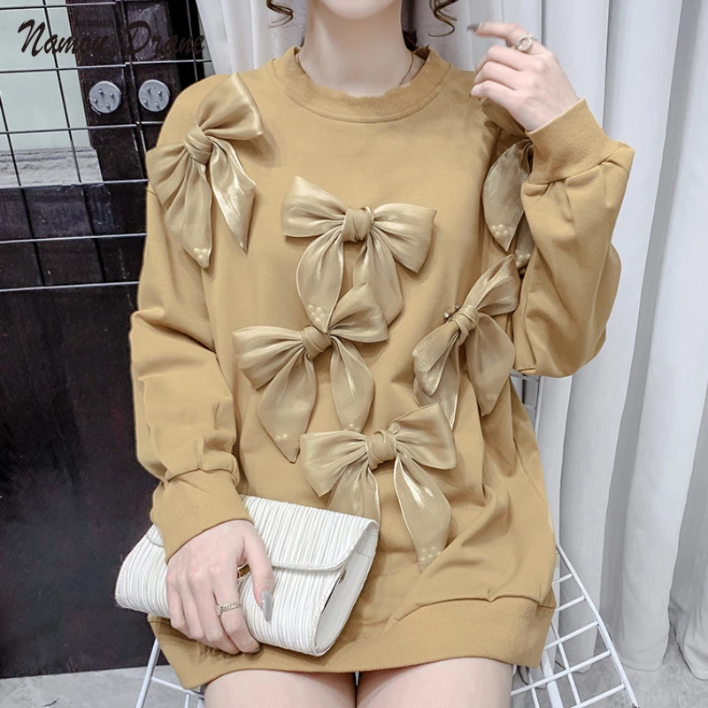 

Namou Drane Causal O-neck Pullover Sweatshirt Korean Chic Sweet Bowknot Oversized Hoodie 2021 Autumn Winter Pullover Jumper