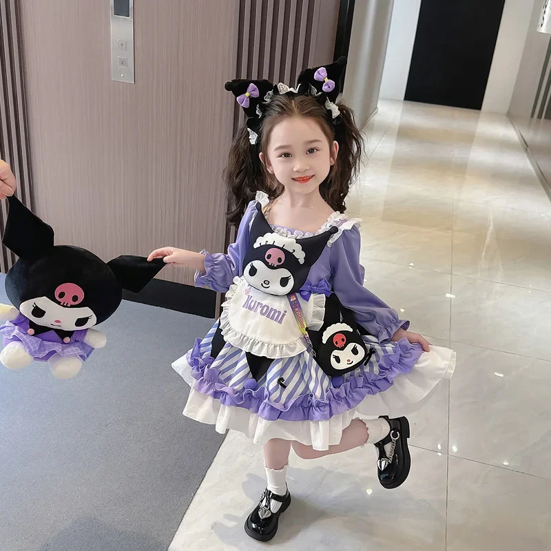 Фото Платье для девочек Kuromi Sanrio: Новая осенняя коллекция, мультяшный дизайн, аниме-персонаж, модная юбка в стиле Лолита, детская одежда из хлопка, кавайный стиль №3