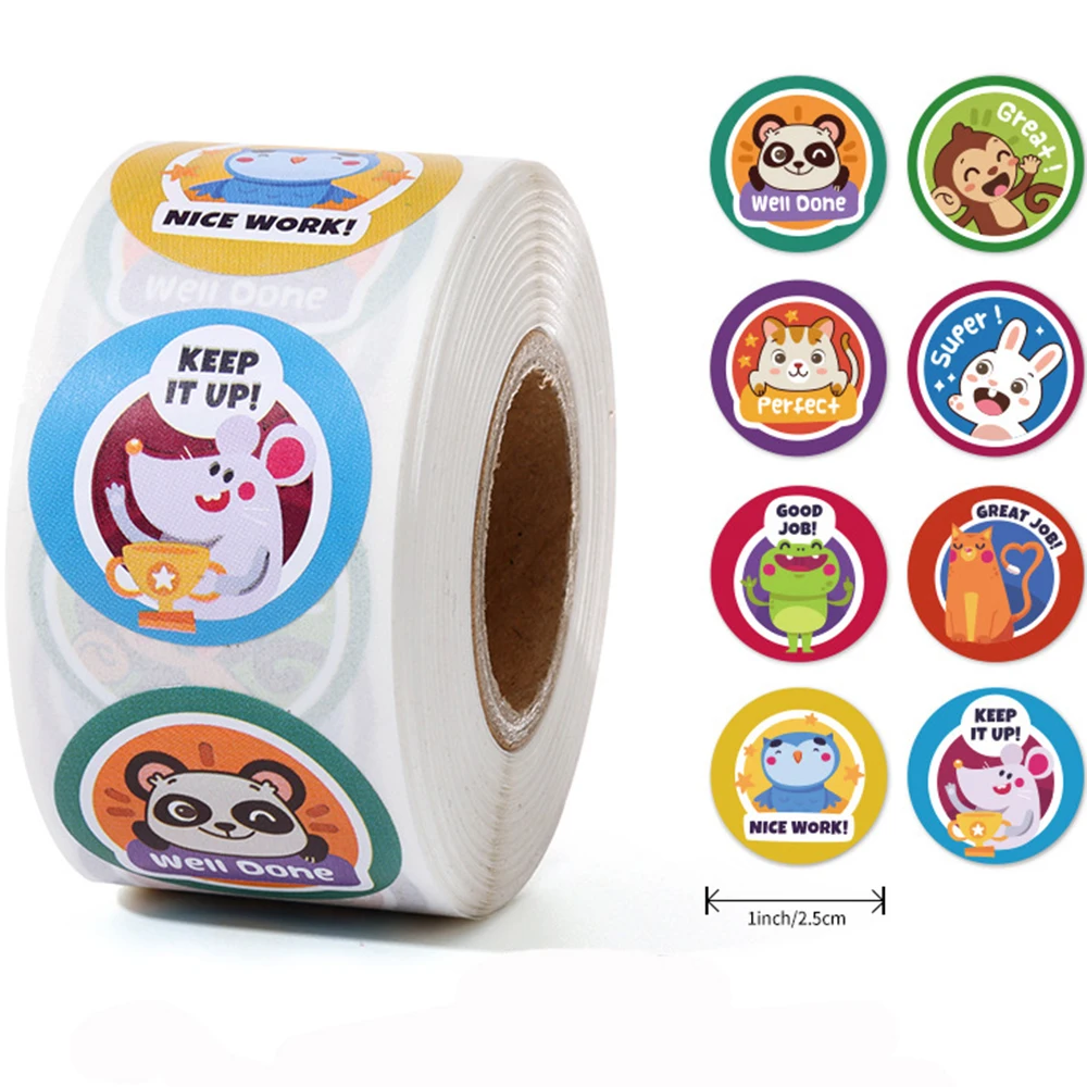 

100-500 Pcs 1inch/2.5cm Animal Good Job Cool Stickers Roll for Envelope Praise Reward Student Work Label Stationery Seal Lable