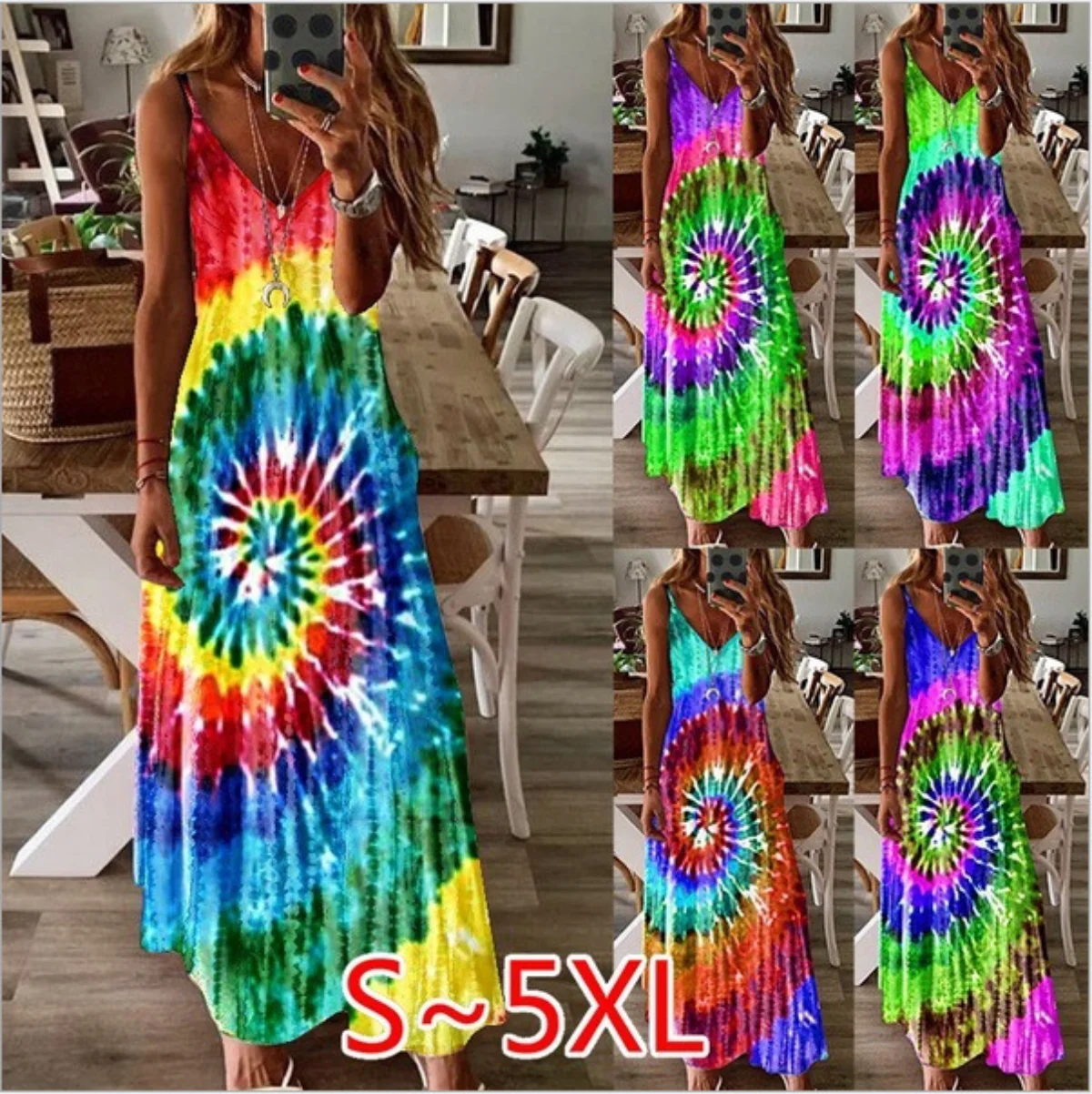 

023 Women's Wear Fashion Clothing 7 Color Vortex Sling Loose Print Sling Dress