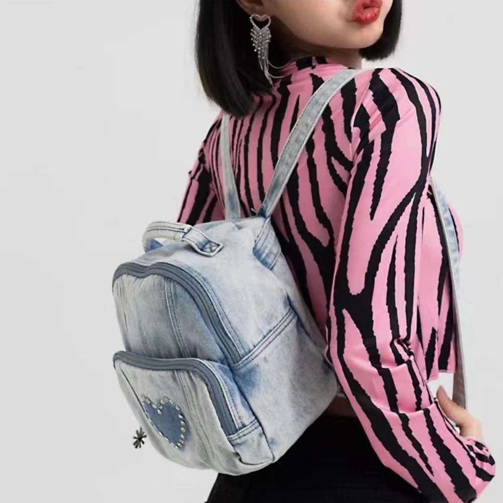 Fashion Denim Women Backpack Heart  School Backpacks Diamonds Shoulder Bags for Women 2023 Small Canvas Book Bag Travel Bag Chic