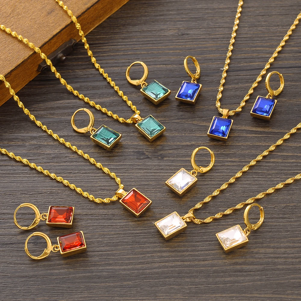 

Colourful CZ Geometric Gold Plated Africa Cute Necklace pendant Earrings wedding Birthday Party Jewelry Sets For Women Girl Gift