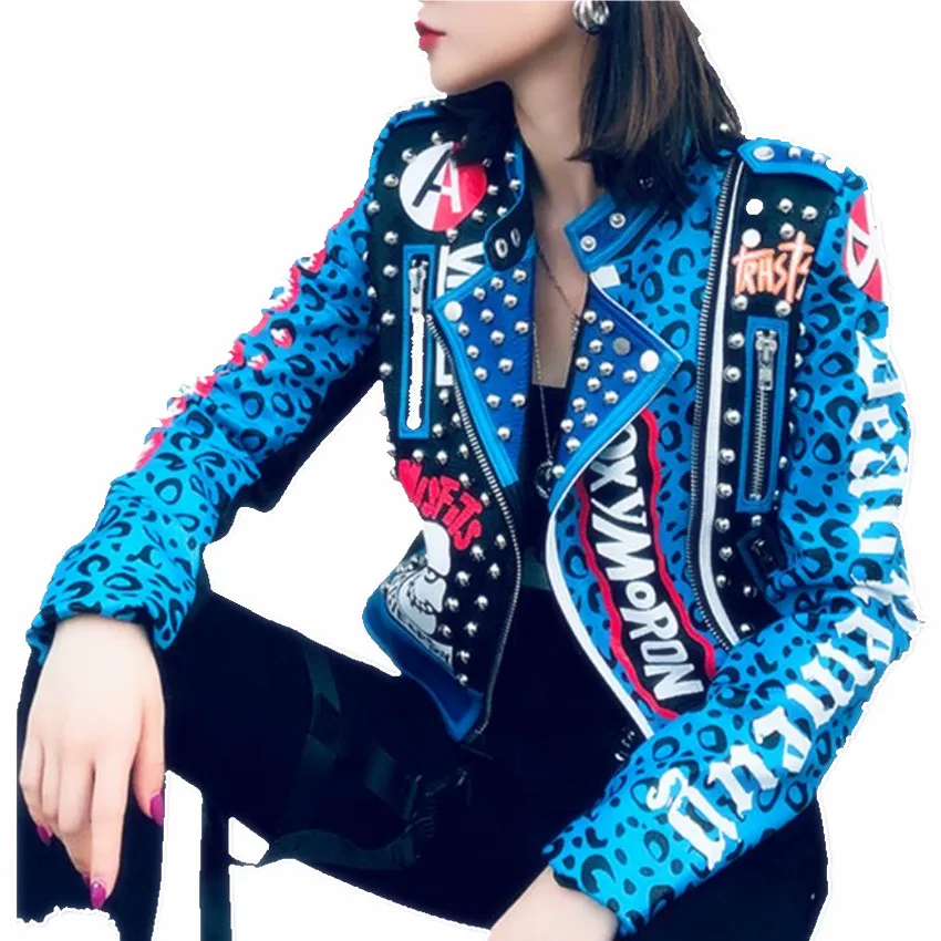 

Fashion Rivets Carton PU Leather Jacket Women Cool Punk Motorcycle Leopart Graffiti Short Outwear Spring Autumn