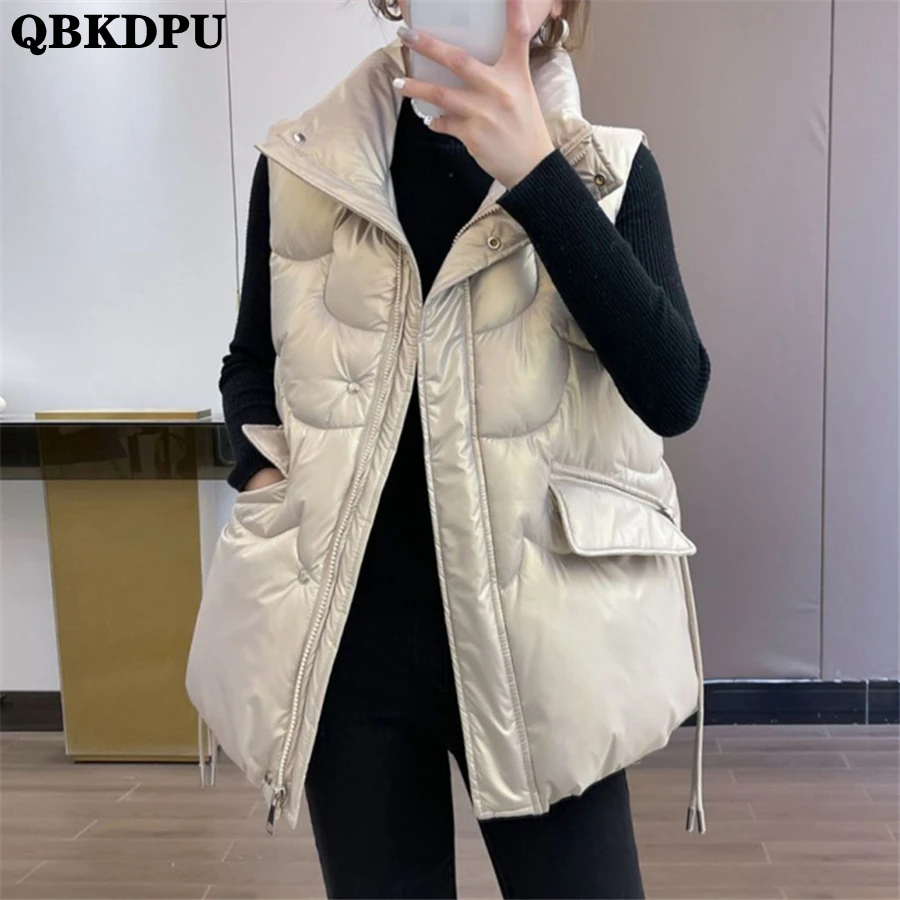 

Loose Fall Winter Glossy Cotton Padded Gilets Women Vest Casual Waistcoat Solid Sleeveless Jacket Student Korean Outwear Top