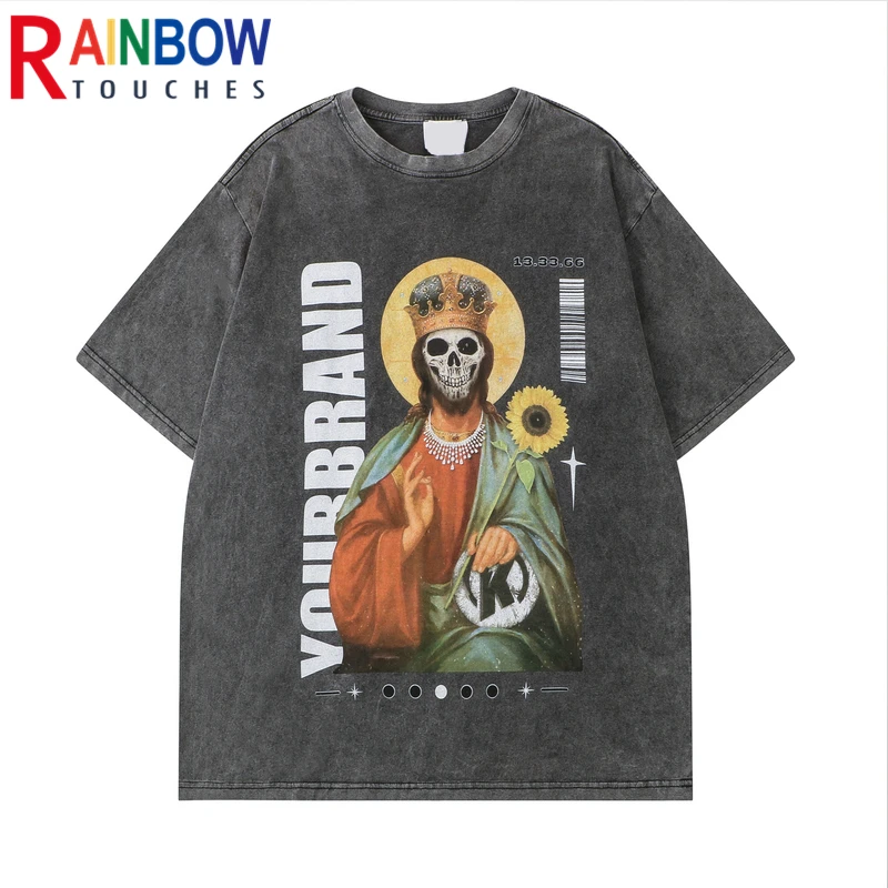 

Rainbowtouches Washed T Shirt 2022 Vintage Unisex High Street Skeleton King Oversize Shirts Fashion Mens Graphic Black T-Shirts