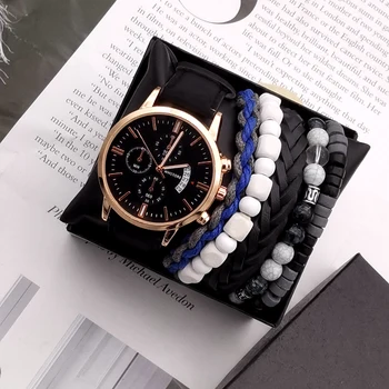 Men Watch Gift Box 6 Pieces/Set Fashion Men's Sport Quartz Watches for Leather Strap Male Vintage Braided Multi-layer Bracelets Other Image