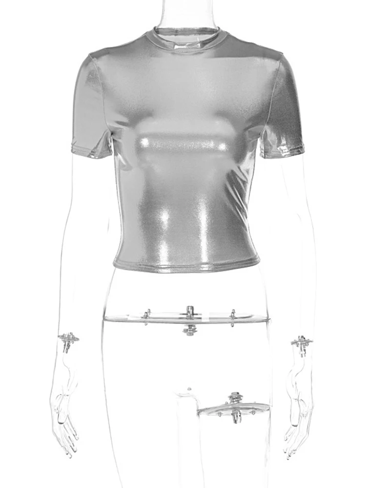 Кожаная однотонная футболка с круглым вырезом и короткими рукавами сексуальная